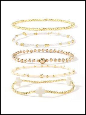 5Pcs Gold Plated Cross Beaded Bracelets Stack Set for Women, Stretch Stackable